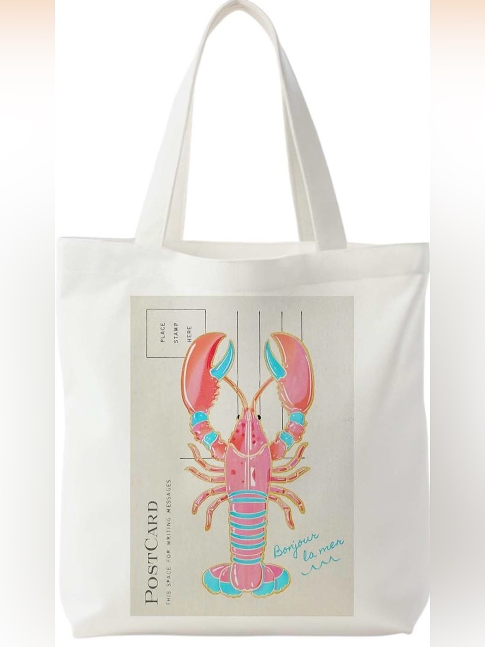 White Tote Bag with Pink Lobster Print